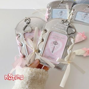 Кожен photocard holder с розови панделки